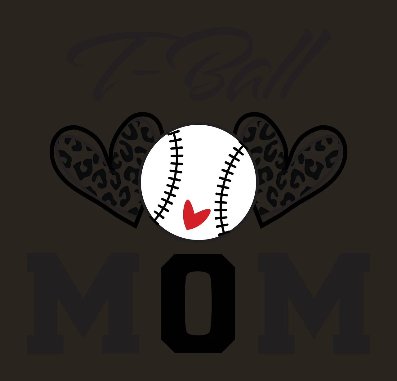 T-Ball MOM T-Ball MOM Design with T-Ball text, leopard print heart, baseball with stitching and small red heart in black and white contrast preview thumbnail