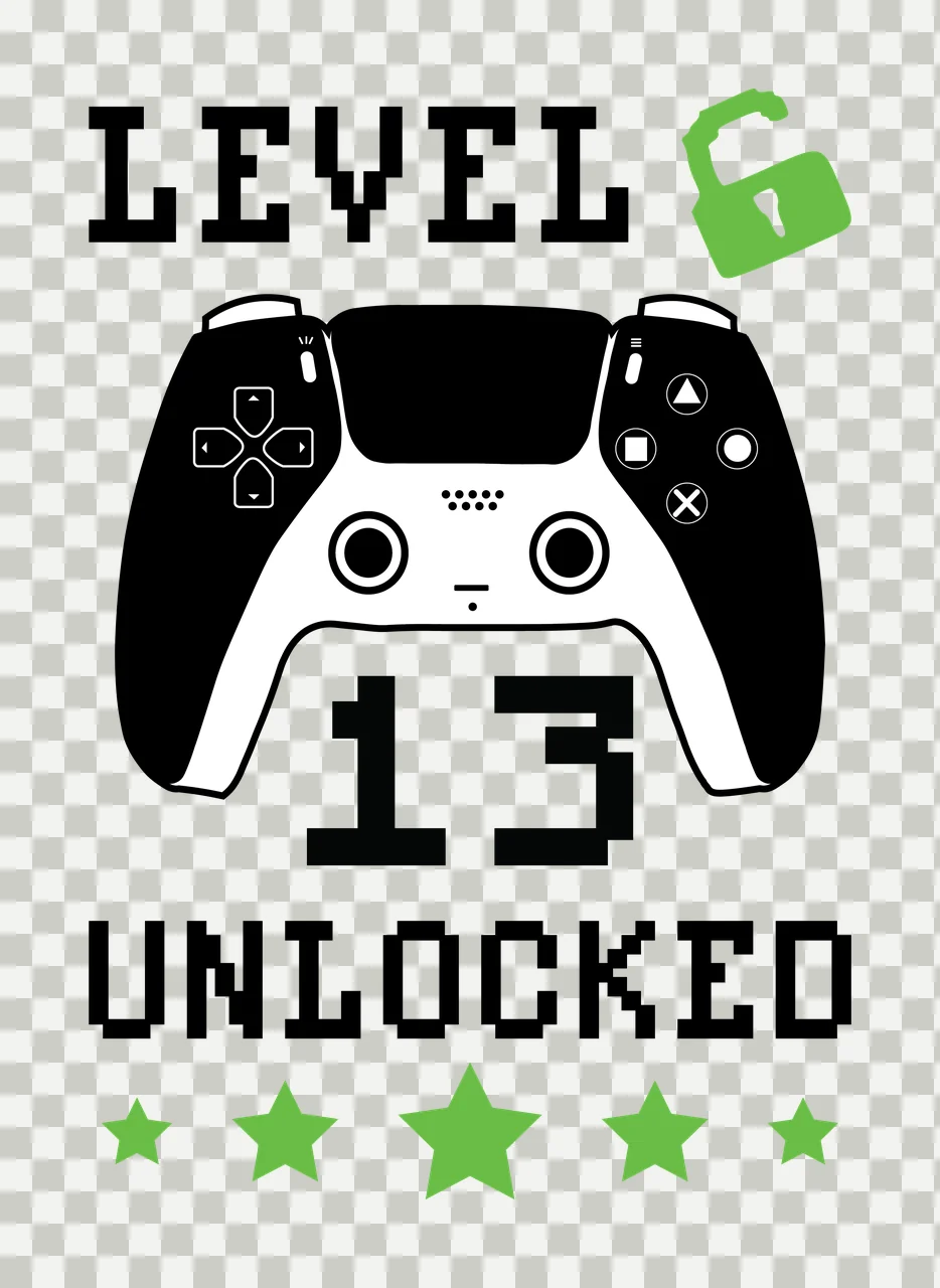 Level 6 13 Unlocked Gaming Text Design controller padlock stars transparency and detail preview thumbnail