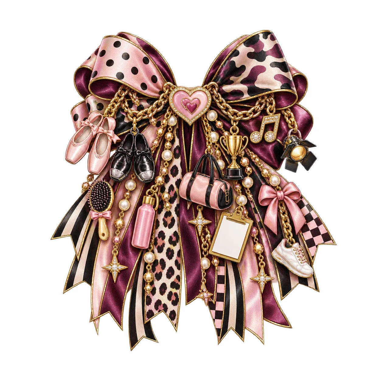 Dance Mom Bow Charm PNG, Themed Gold Chain Charms, Coquette Ribbon Sublimation Design, Transparent Digital Download