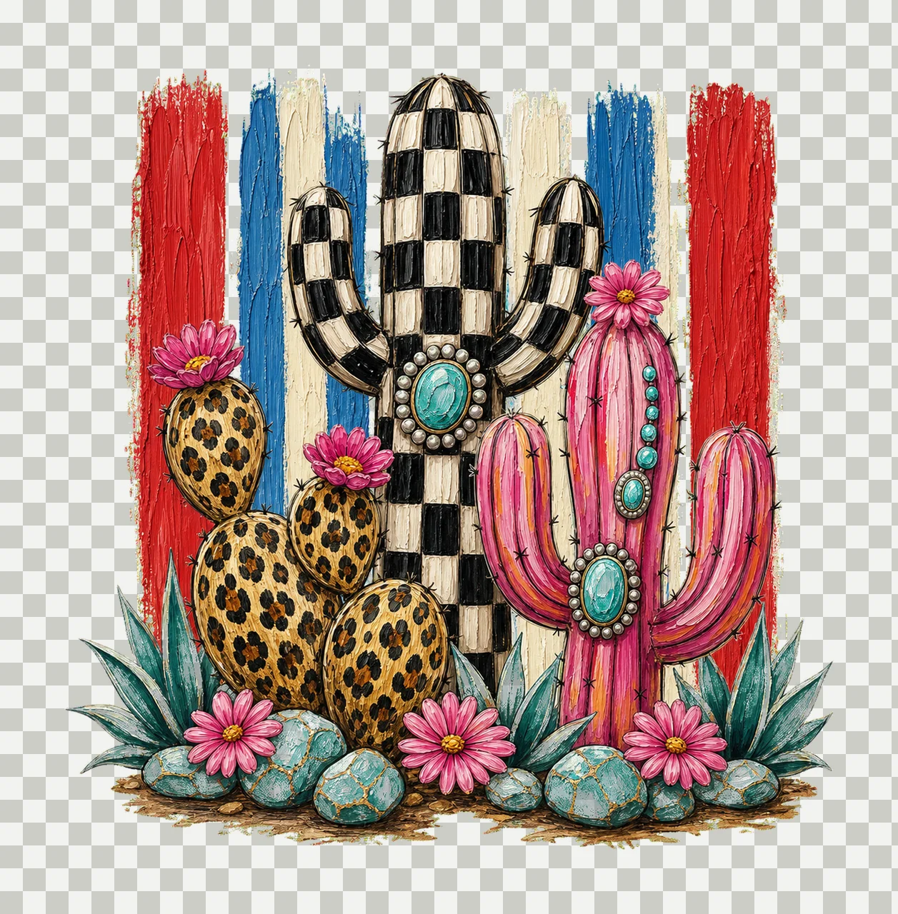 Leopard Checkerboard Western Cactus Faux Oil Variation D transparency and detail preview thumbnail