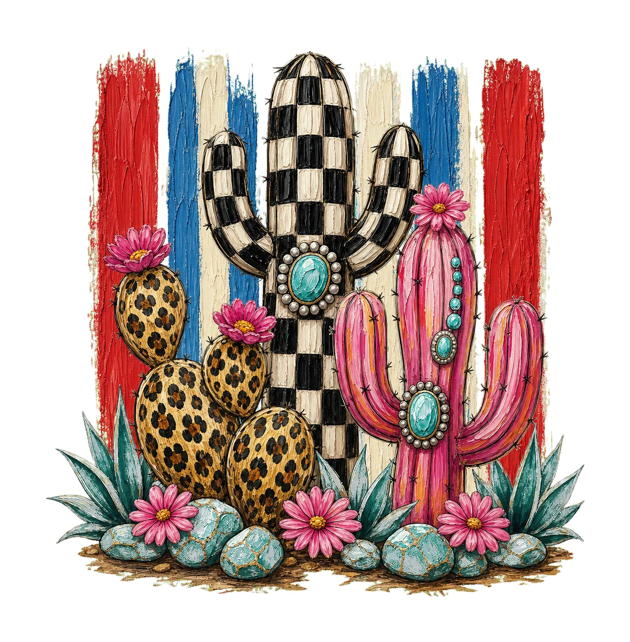 Leopard Checkerboard Western Cactus Faux Oil Variation D