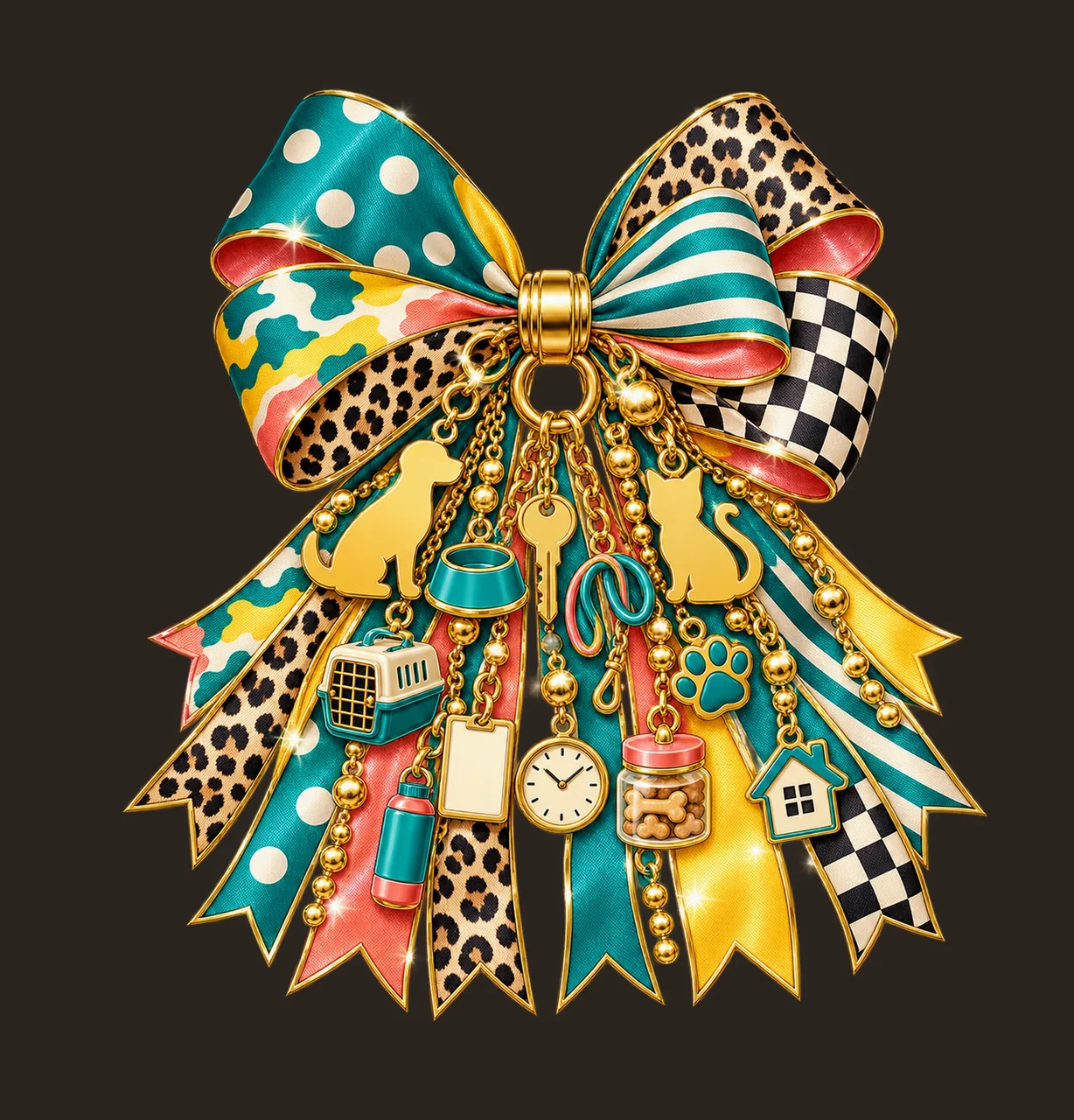 Pet Sitter Bow Charm PNG, Themed Gold Chain Charms, Coquette Ribbon Sublimation Design, Transparent Digital Download contrast preview thumbnail