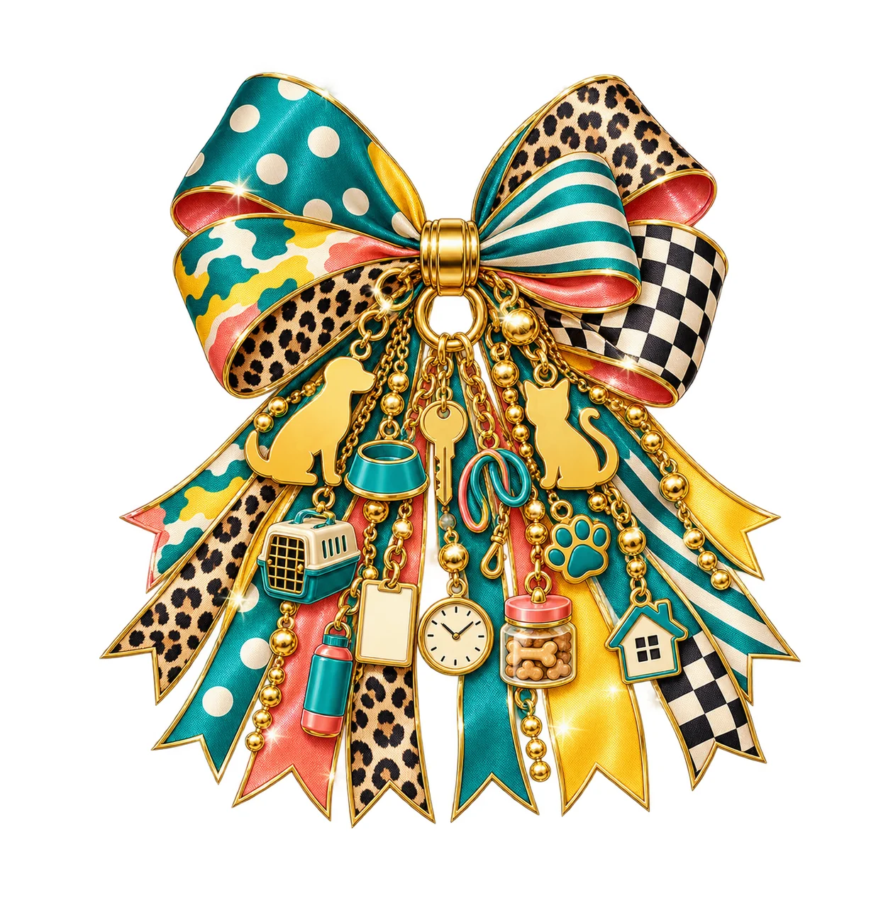 Pet Sitter Bow Charm PNG, Themed Gold Chain Charms, Coquette Ribbon Sublimation Design, Transparent Digital Download