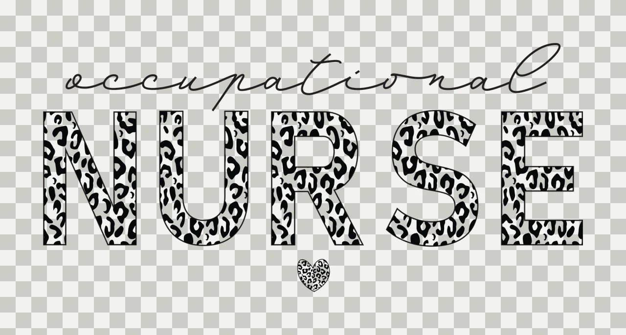 Occupational NURSE monochrome nurse typography with cursive script font, block uppercase letters, leopard spot pattern fill and small patterned heart in black and white transparency and detail preview thumbnail