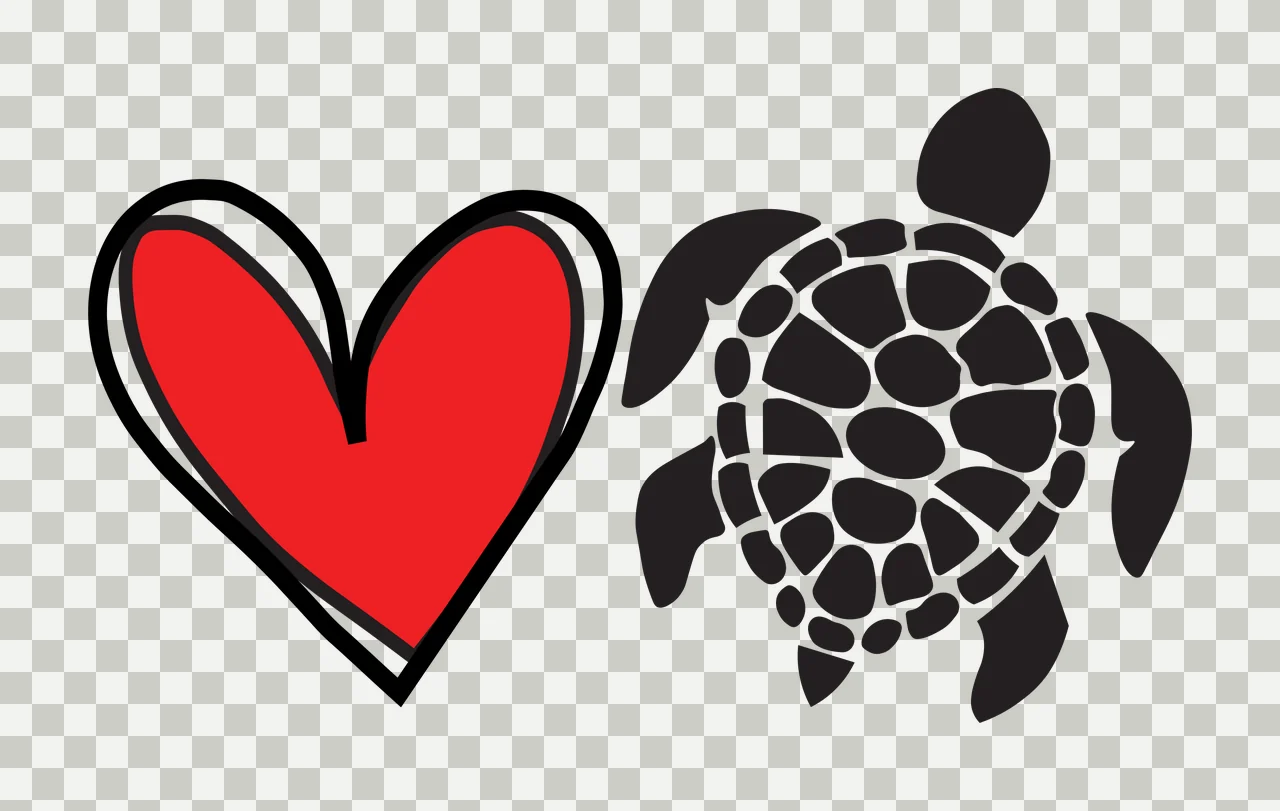 Sea turtle silhouette and red heart Illustration with black sea turtle silhouette, shell pattern and black outline in white transparency and detail preview thumbnail