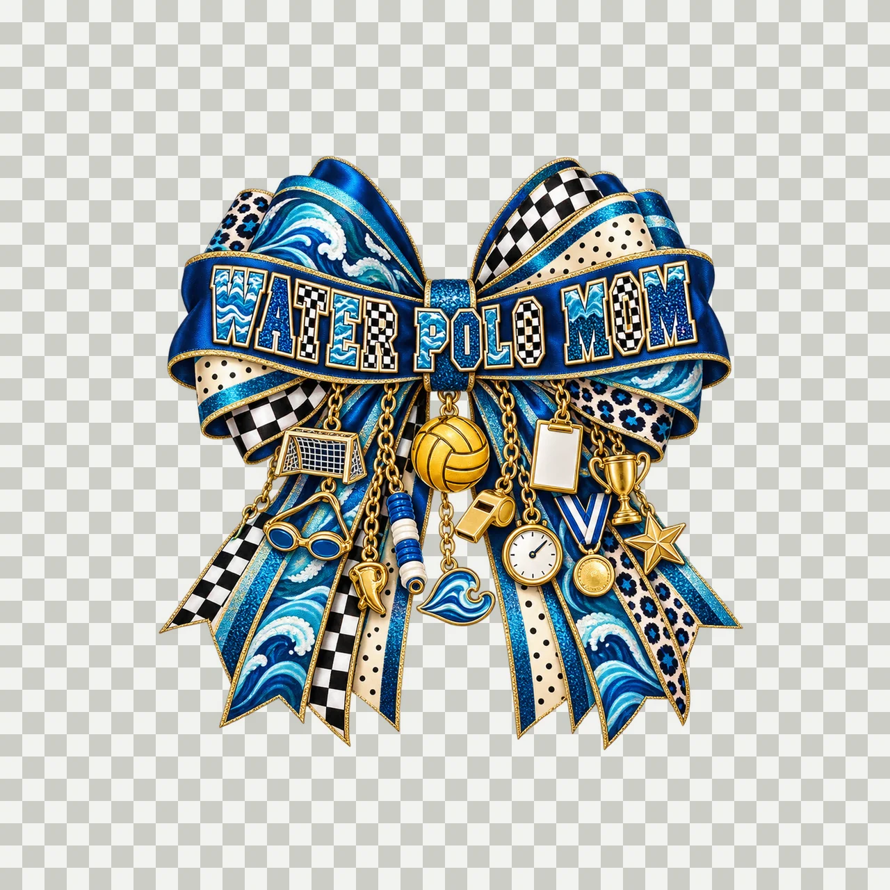 Water Polo Mom Bow Charm PNG, Patterned Varsity Mom Ribbon Clipart, Transparent Sublimation Digital Download transparency and detail preview thumbnail