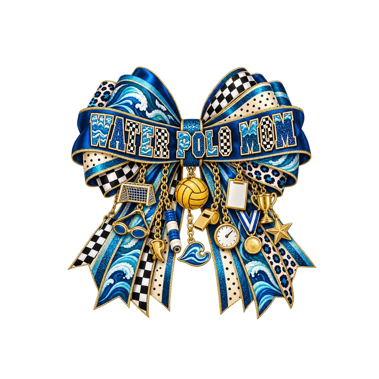 Water Polo Mom Bow Charm PNG, Patterned Varsity Mom Ribbon Clipart, Transparent Sublimation Digital Download