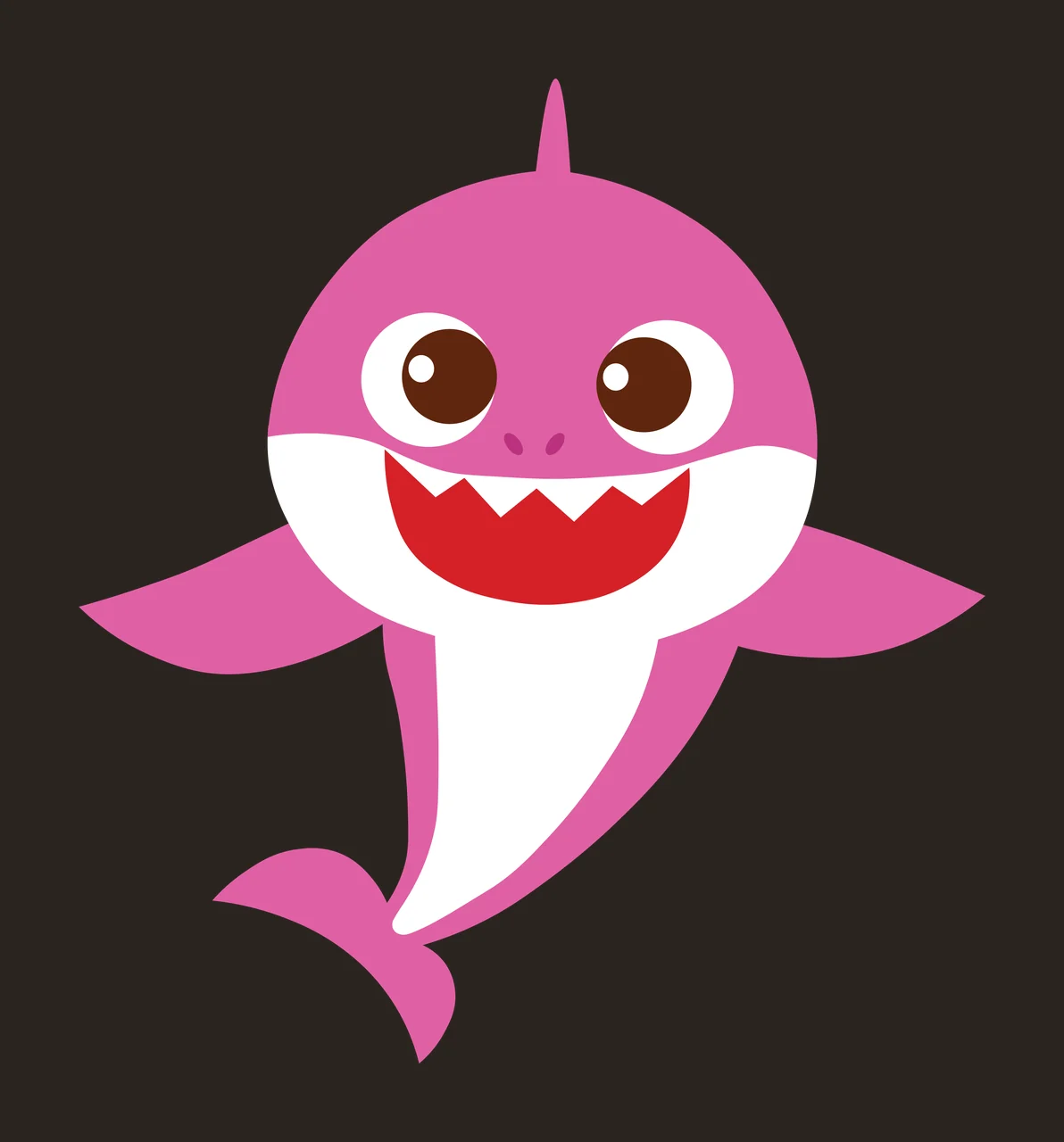 Pink cartoon shark character Illustration with pink shark body, white belly, brown eyes and red mouth with white teeth contrast preview thumbnail