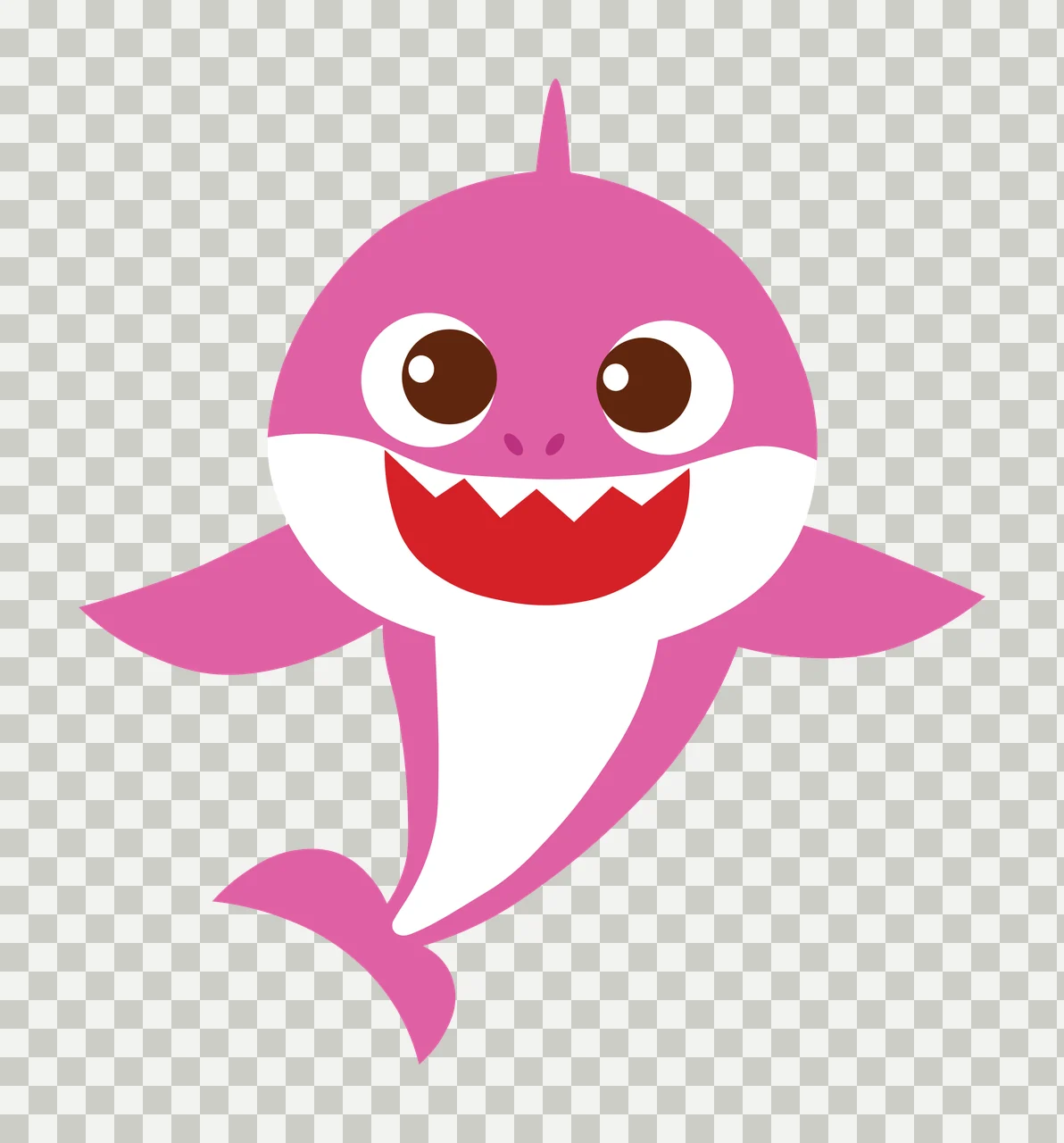 Pink cartoon shark character Illustration with pink shark body, white belly, brown eyes and red mouth with white teeth transparency and detail preview thumbnail
