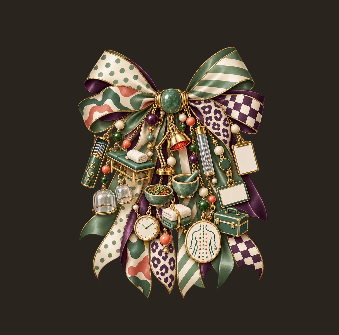 Acupuncturist Bow Charm PNG, Themed Gold Chain Charms, Coquette Ribbon Sublimation Design, Transparent Digital Download contrast preview thumbnail