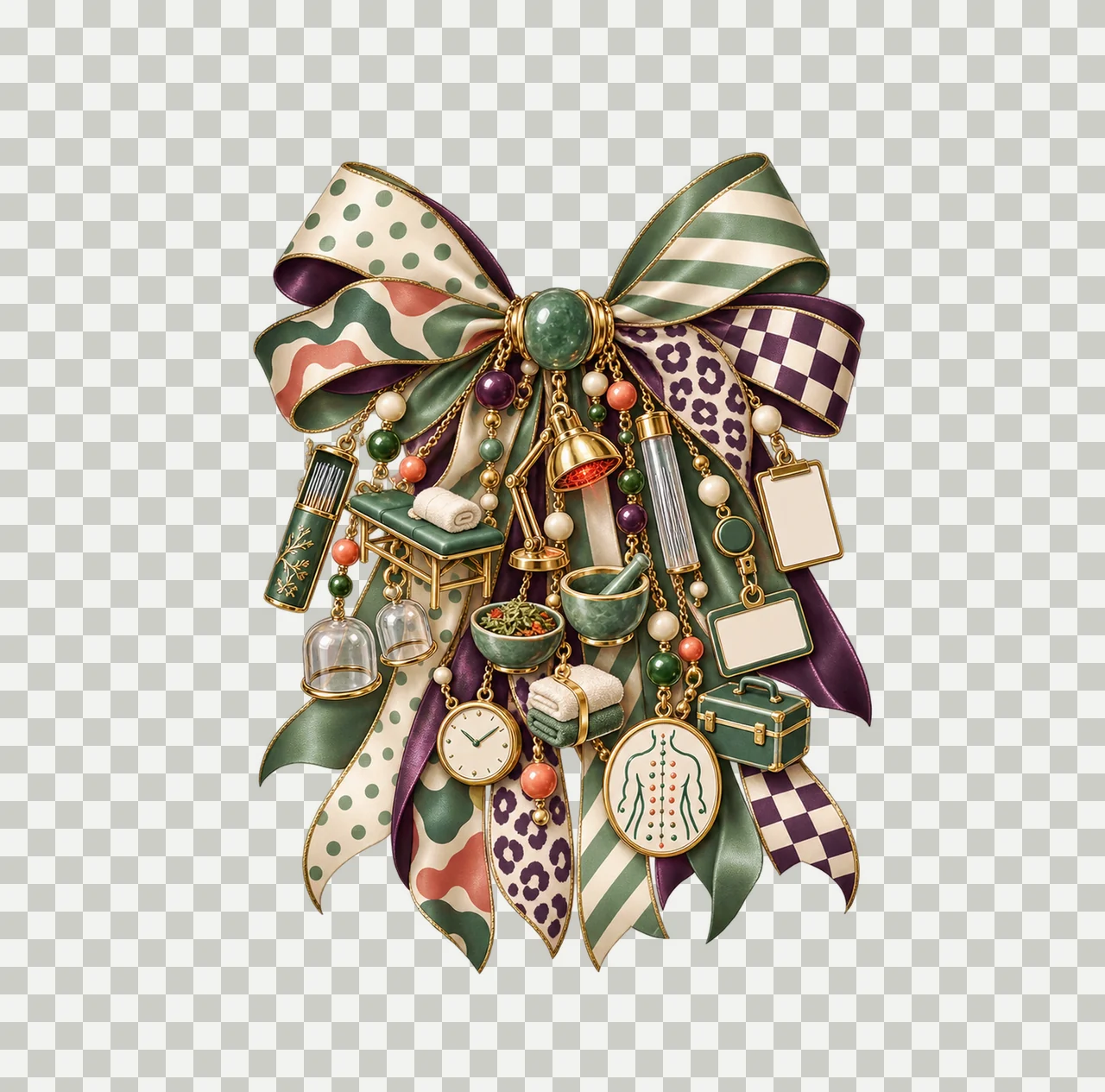 Acupuncturist Bow Charm PNG, Themed Gold Chain Charms, Coquette Ribbon Sublimation Design, Transparent Digital Download transparency and detail preview thumbnail