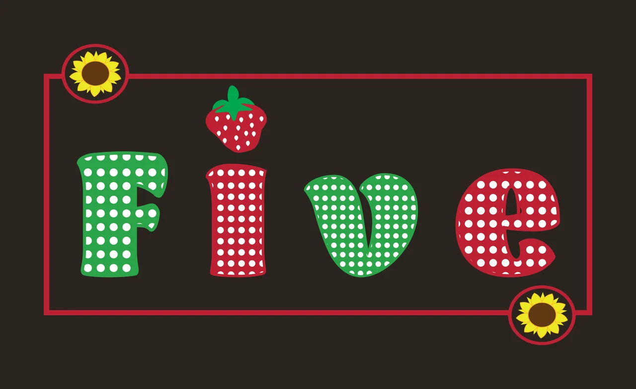 Five Typography Design with Five text, polka dot pattern, strawberry and sunflowers in red, green and white contrast preview thumbnail