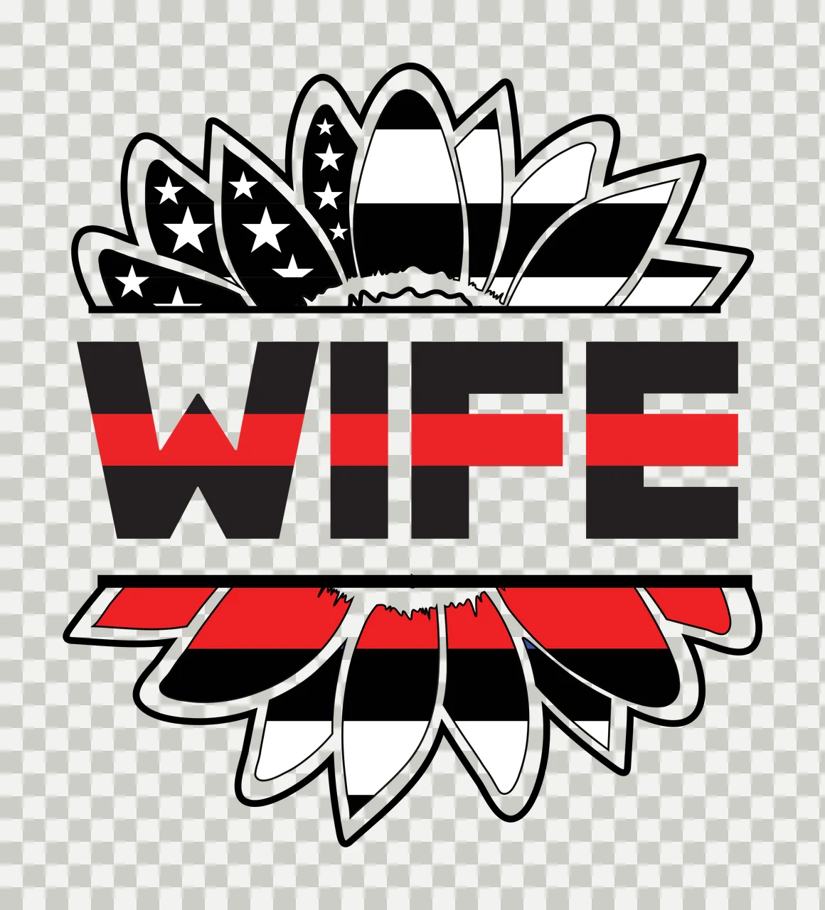 WIFE Typography Design with sunflower petals, stars and stripes, text WIFE and thin red line in black and white transparency and detail preview thumbnail