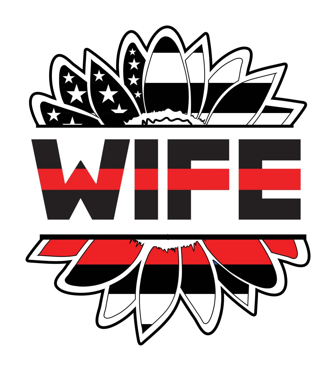 WIFE Typography Design with sunflower petals, stars and stripes, text WIFE and thin red line in black and white