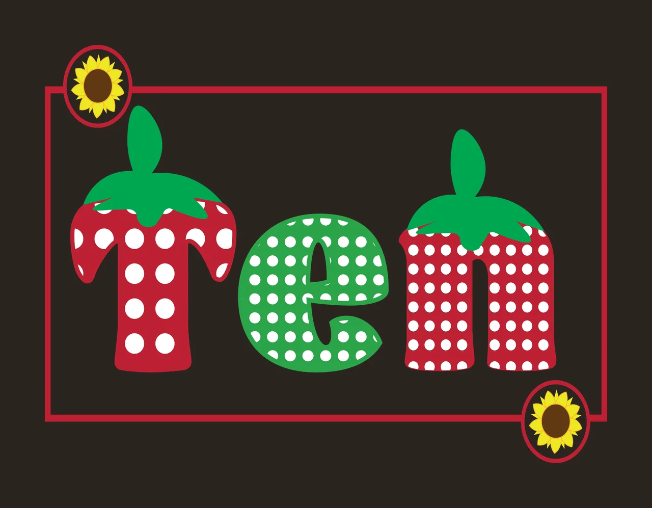 Ten Typography Design with polka dot lettering, strawberry stems, rectangular frame and sunflower emblems in red, green and white contrast preview thumbnail