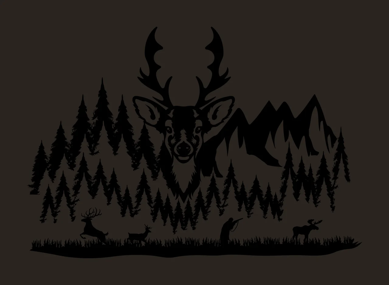 Deer Head Mountain Forest Silhouette Scene standing mountains contrast preview thumbnail