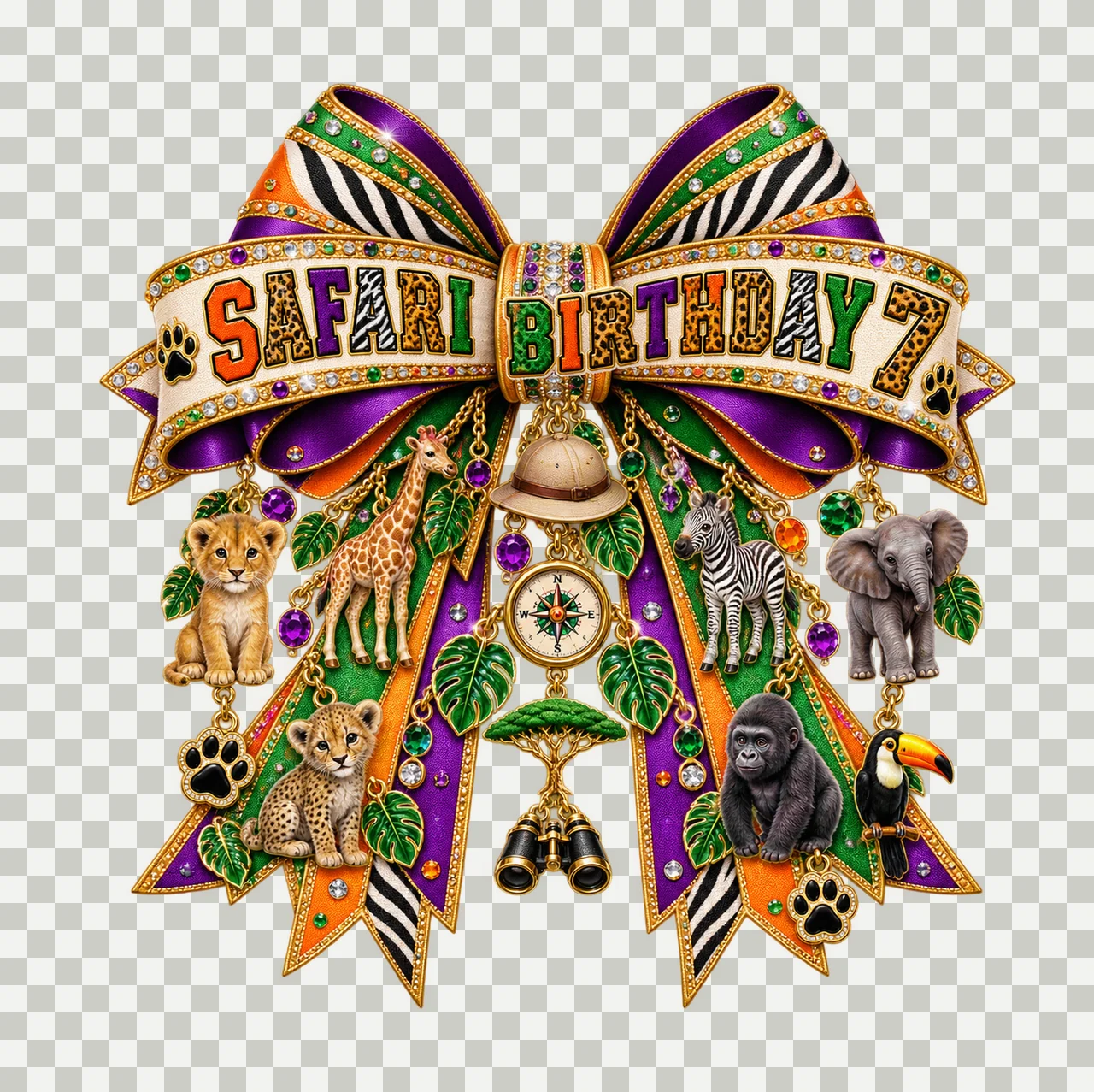 Safari Birthday 7 Bow Charm PNG, Jungle Animal Birthday Clipart, Transparent Sublimation Digital Download transparency and detail preview thumbnail