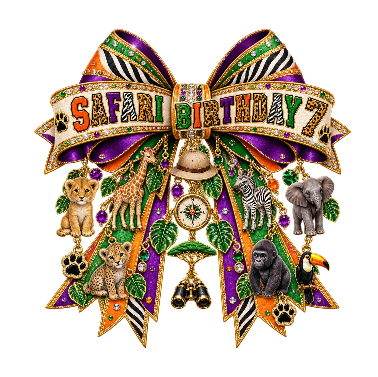 Safari Birthday 7 Bow Charm PNG, Jungle Animal Birthday Clipart, Transparent Sublimation Digital Download