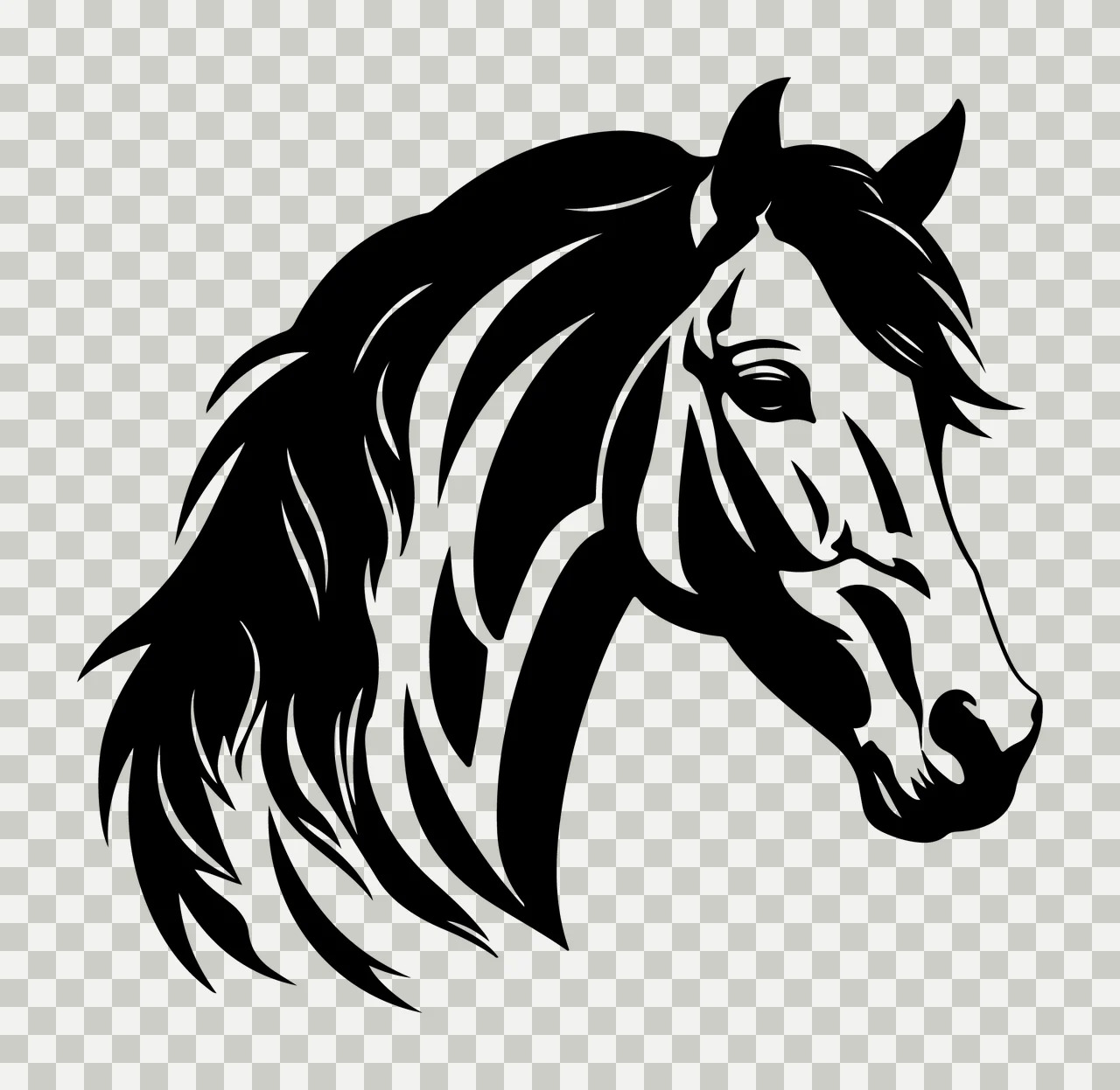 Horse Head Black Silhouette Right Profile mane animal 7 F16 transparency and detail preview thumbnail