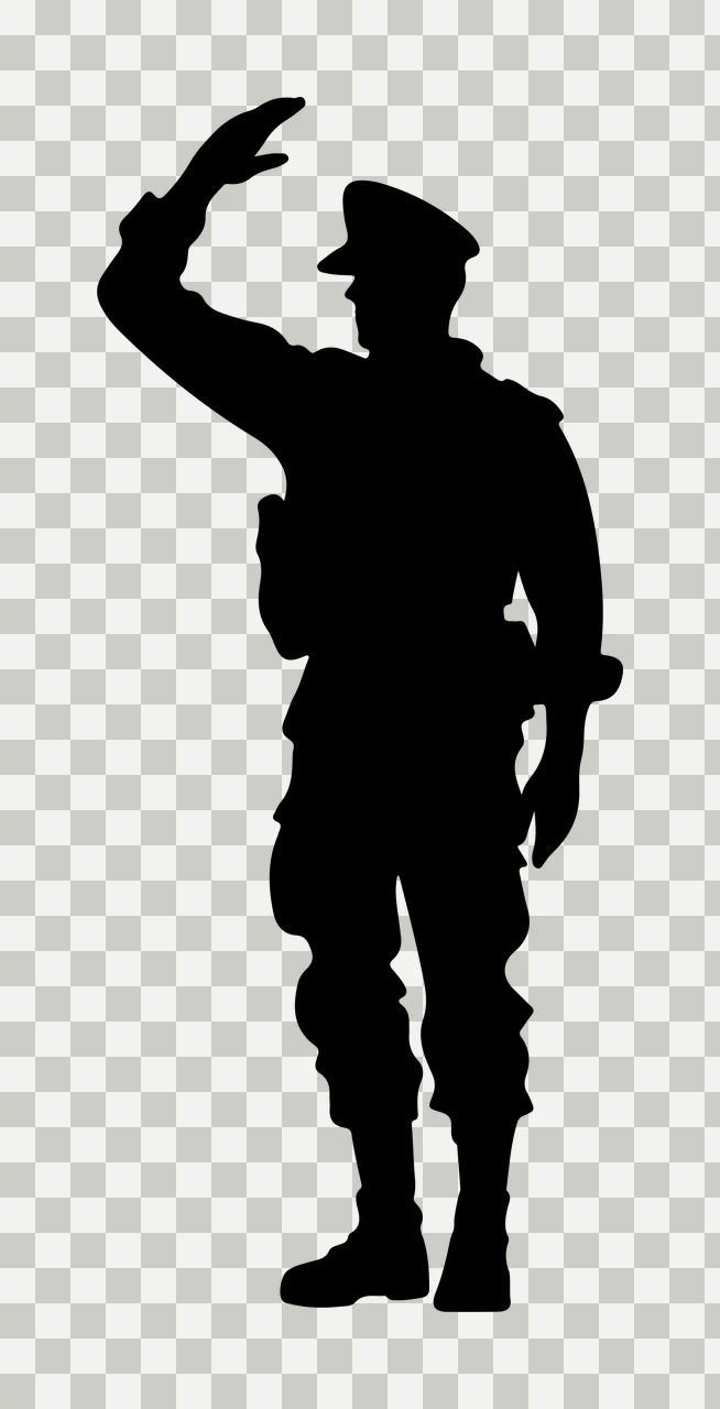 Black Silhouette Of A Standing Figure In Uniform saluting hat transparency and detail preview thumbnail