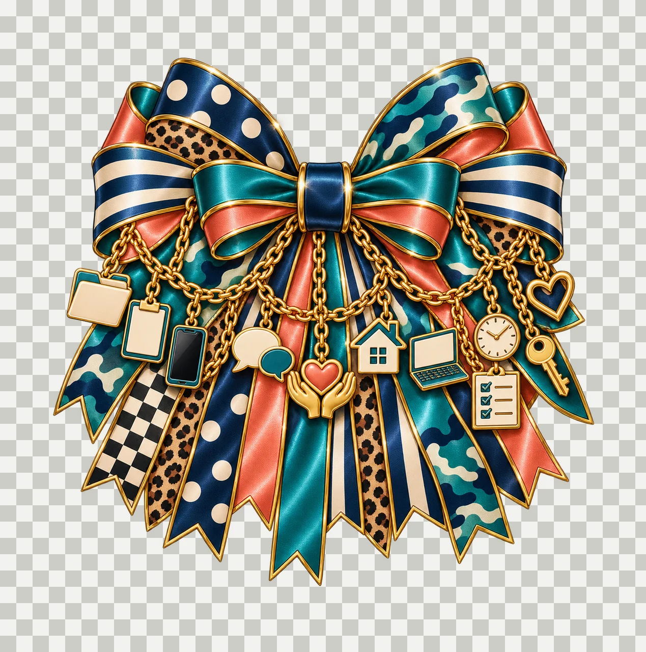 Case Manager Bow Charm PNG, Gold Chain Charms, Transparent Sublimation Design, Digital Download transparency and detail preview thumbnail