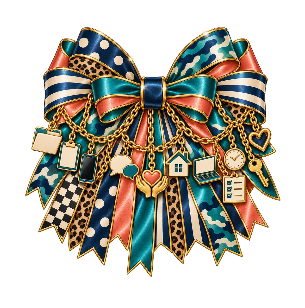 Case Manager Bow Charm PNG, Gold Chain Charms, Transparent Sublimation Design, Digital Download