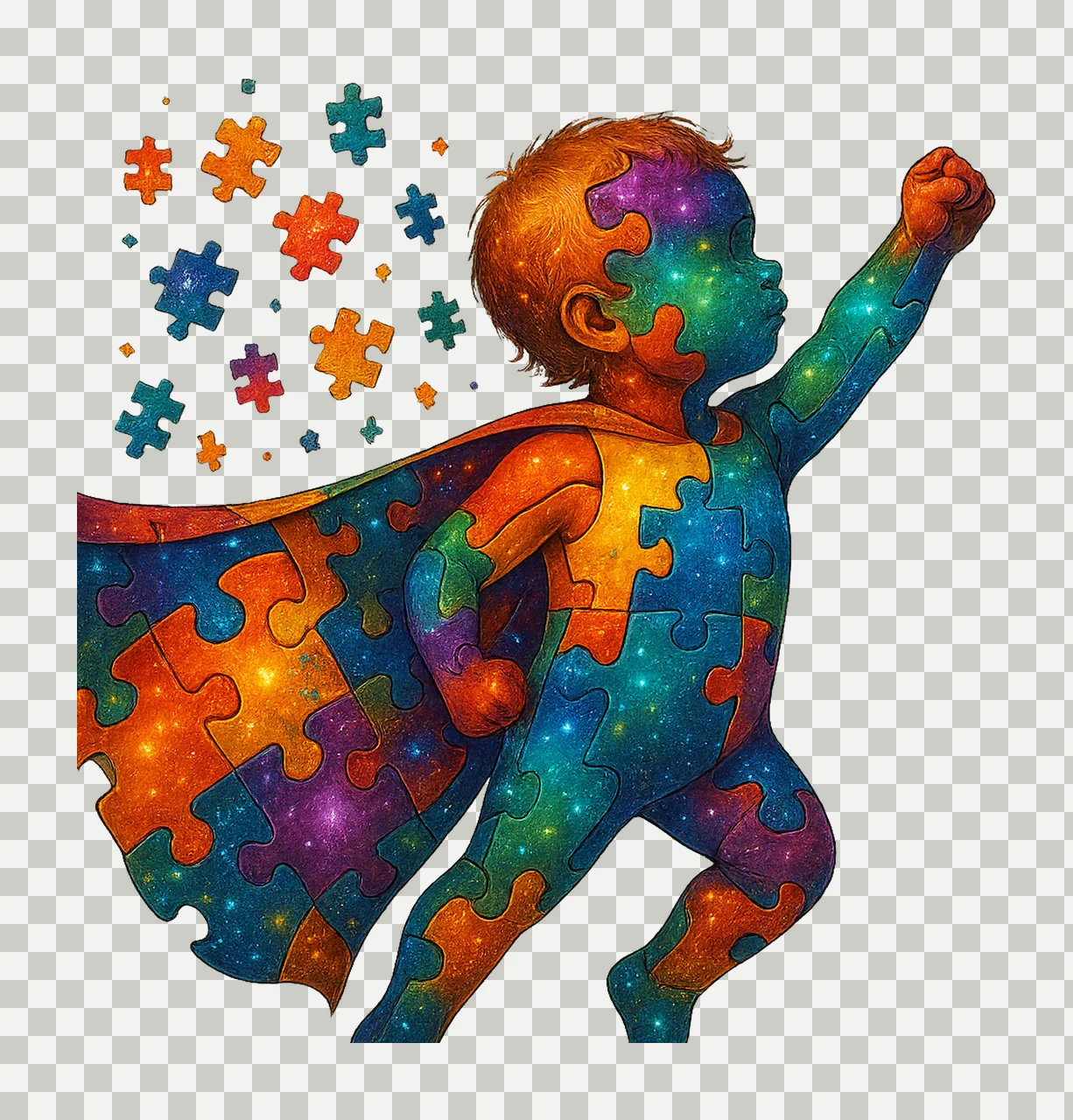 Autism Superhero Child in Puzzle Cape Awareness Design transparency and detail preview thumbnail