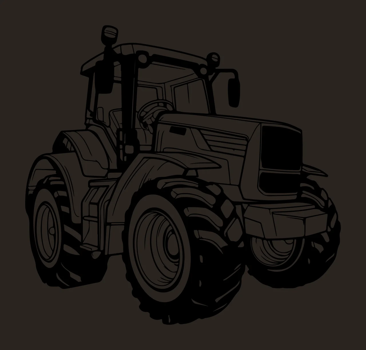 Farm Tractor Isolated Black And White wheels tires engine hood contrast preview thumbnail