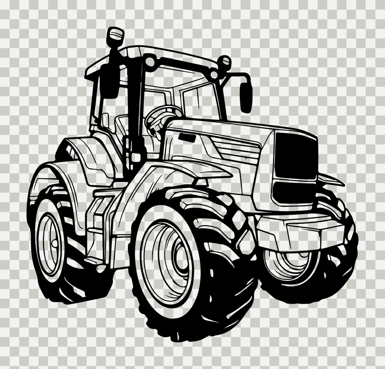 Farm Tractor Isolated Black And White wheels tires engine hood transparency and detail preview thumbnail