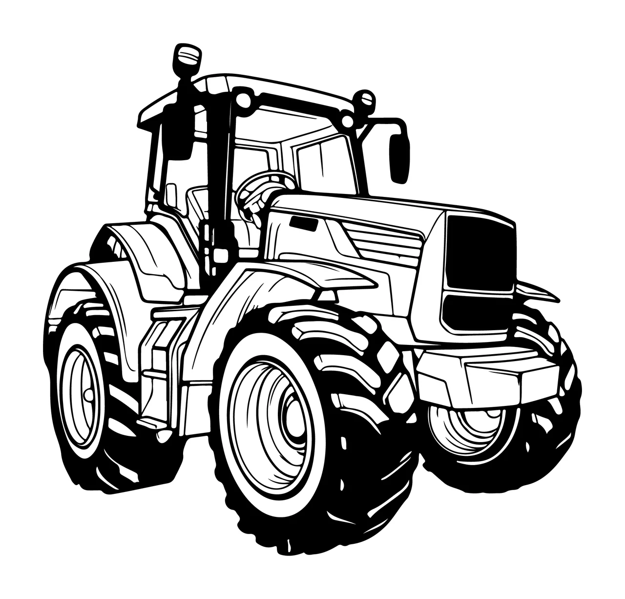 Farm Tractor Isolated Black And White wheels tires engine hood