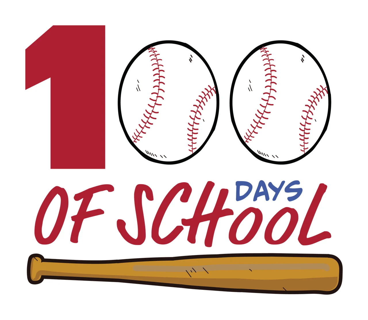Baseball Of School 100 Days Of School Bat text and black celebration