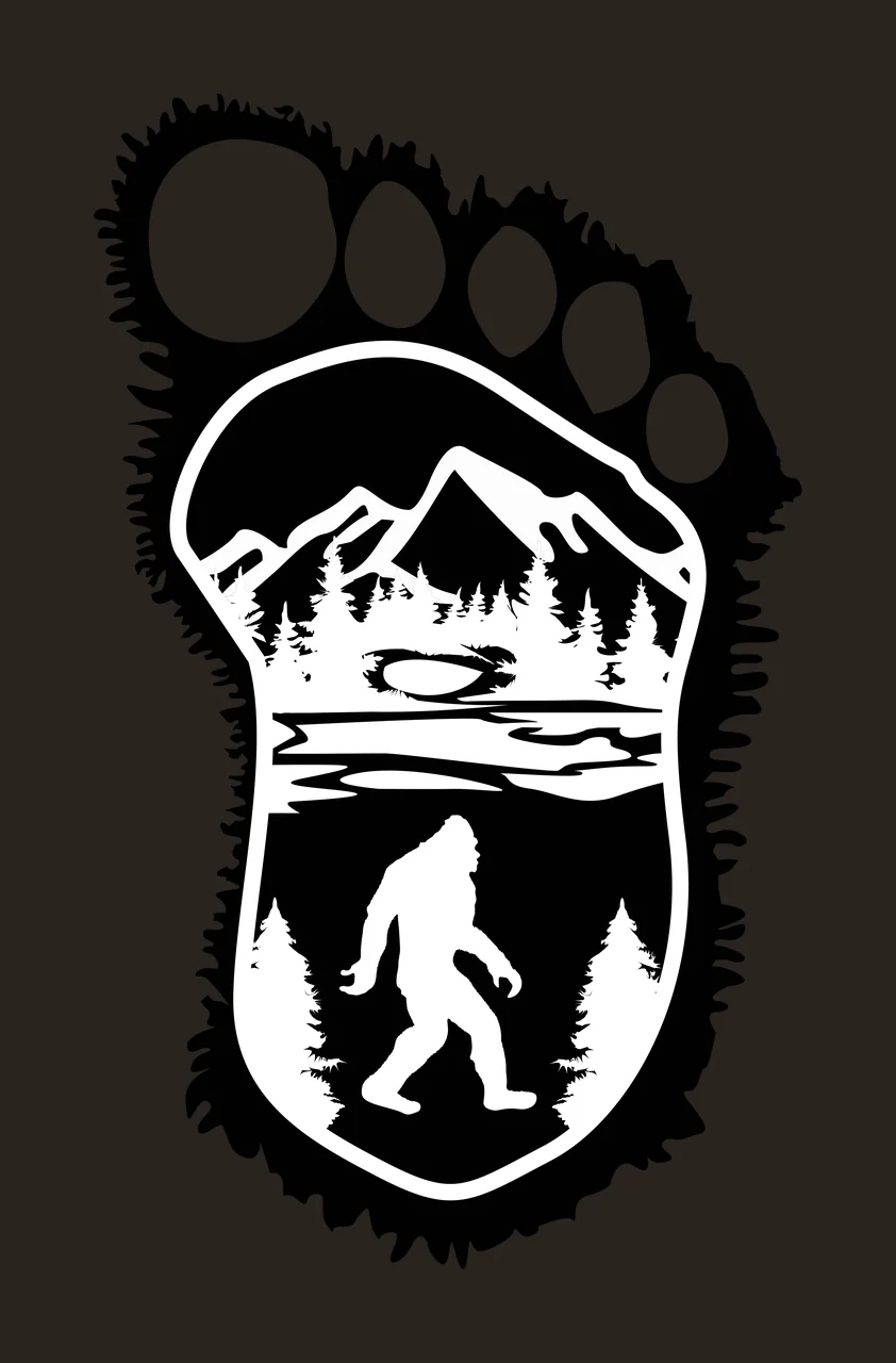 Bigfoot silhouette Illustration with jagged-edged footprint, mountain range, pine forest and lake in black and white contrast preview thumbnail