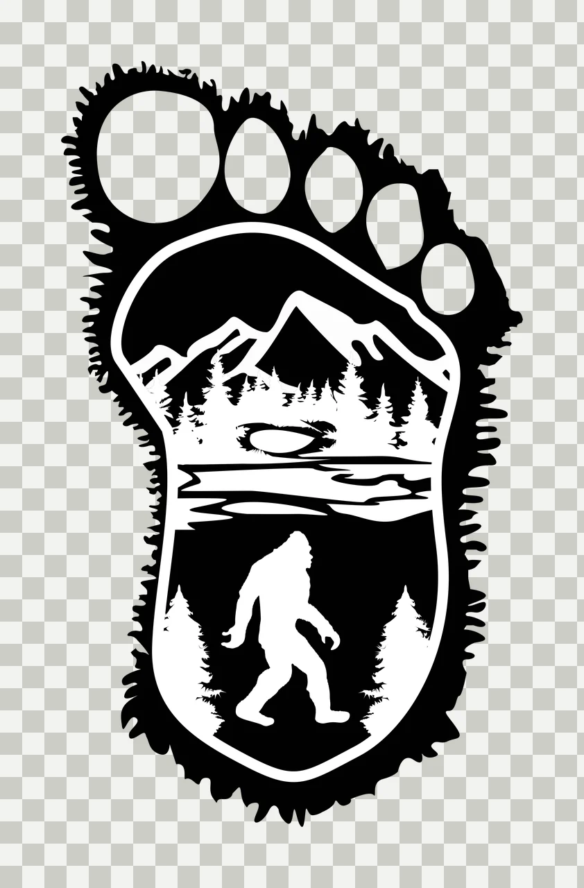 Bigfoot silhouette Illustration with jagged-edged footprint, mountain range, pine forest and lake in black and white transparency and detail preview thumbnail