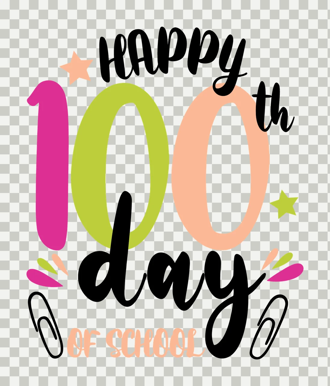 Happy 100Th Day Of School text and symbols stars paper clips transparency and detail preview thumbnail