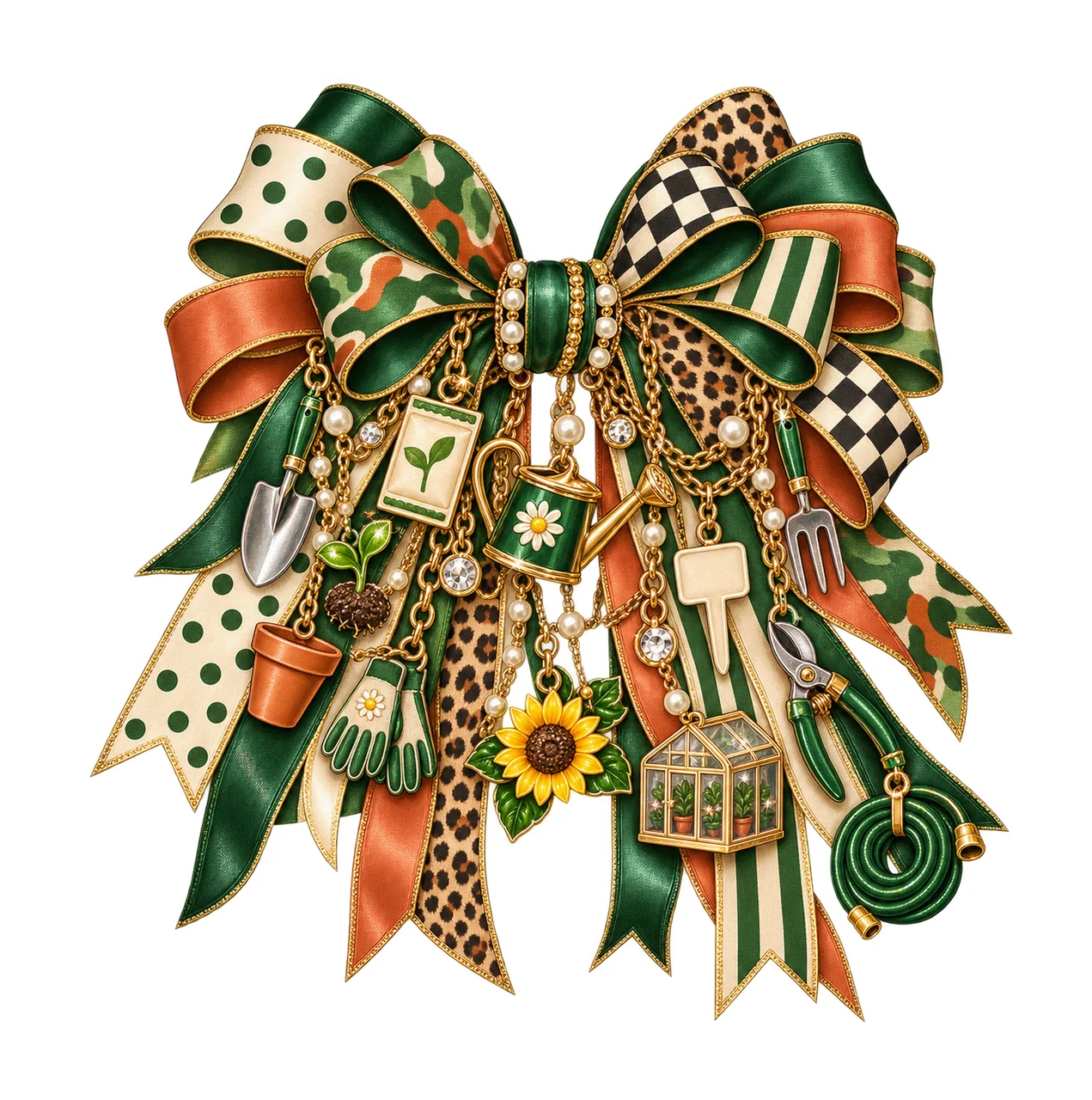 Gardener Seed Starter Bow Charm PNG, Themed Gold Chain Charms, Coquette Ribbon Sublimation Design, Transparent Digital Download