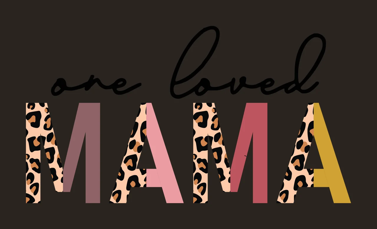 One loved MAMA Typography Design with black cursive text 'one loved', leopard print letters in 'MAMA', solid color blocks in 'MAMA' and letter 'M' with brown block in pink contrast preview thumbnail