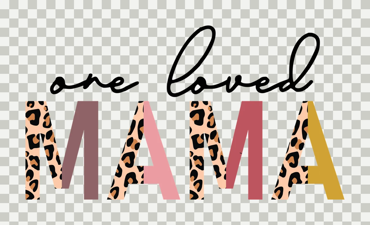 One loved MAMA Typography Design with black cursive text 'one loved', leopard print letters in 'MAMA', solid color blocks in 'MAMA' and letter 'M' with brown block in pink transparency and detail preview thumbnail