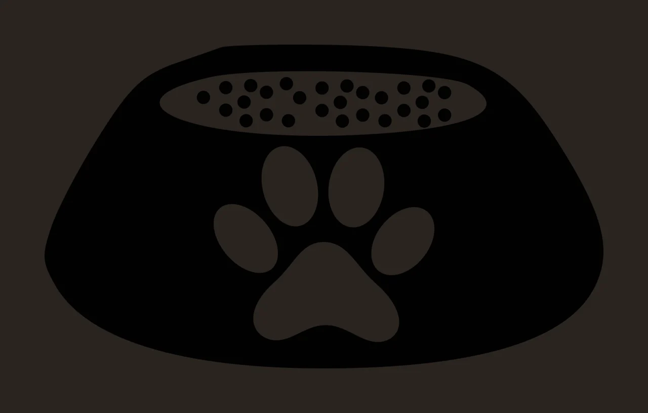 Pet food bowl icon Illustration with black bowl, white paw print, white oval kibble area and black kibble dots contrast preview thumbnail