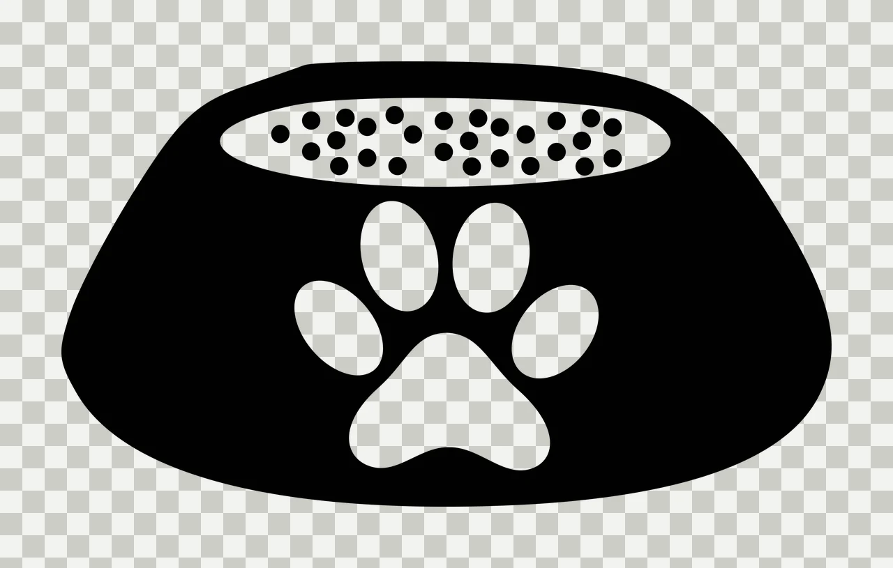 Pet food bowl icon Illustration with black bowl, white paw print, white oval kibble area and black kibble dots transparency and detail preview thumbnail