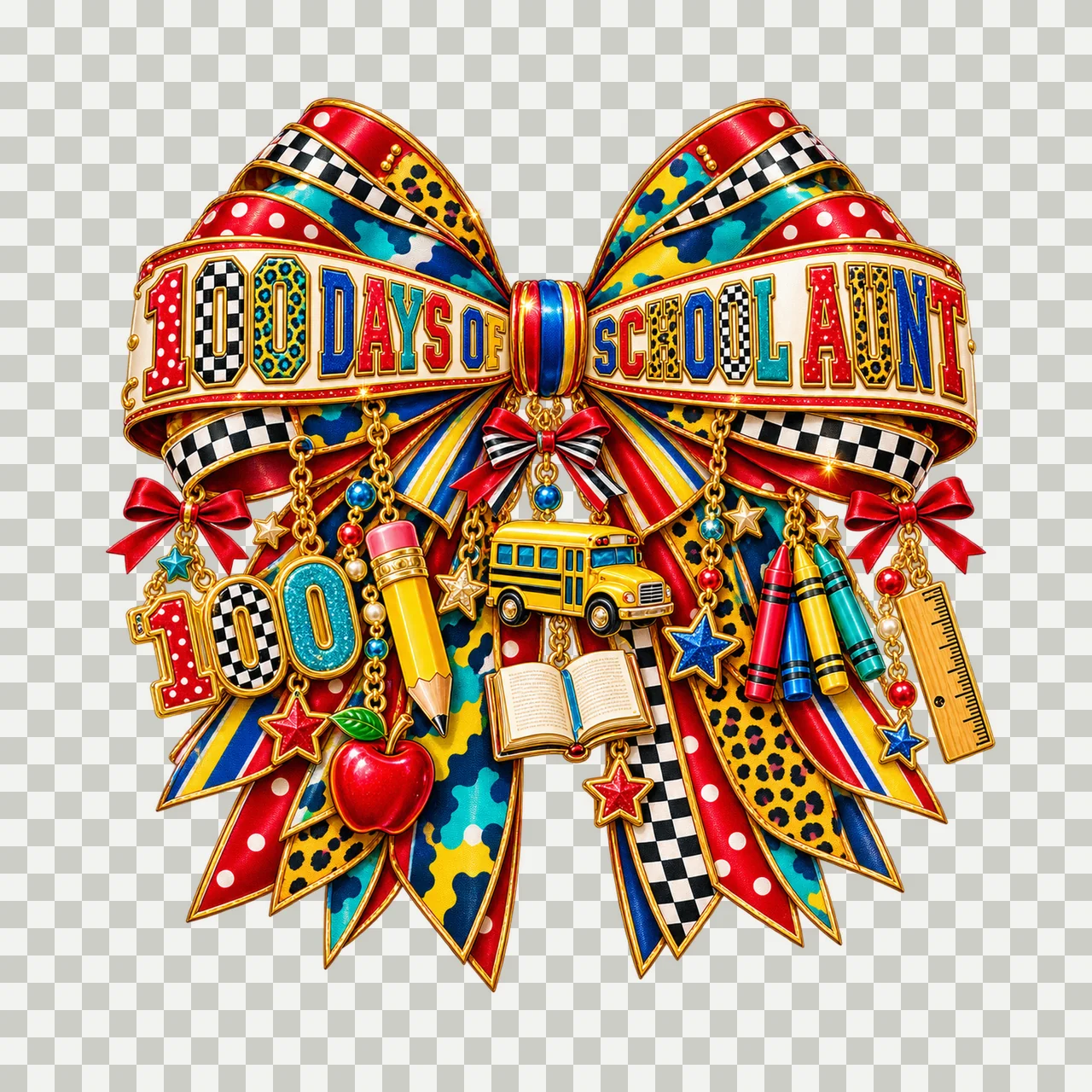 Aunt 100 Days of School Bow Charm PNG, Patterned Varsity Ribbon Clipart, Transparent Sublimation Digital Download transparency and detail preview thumbnail