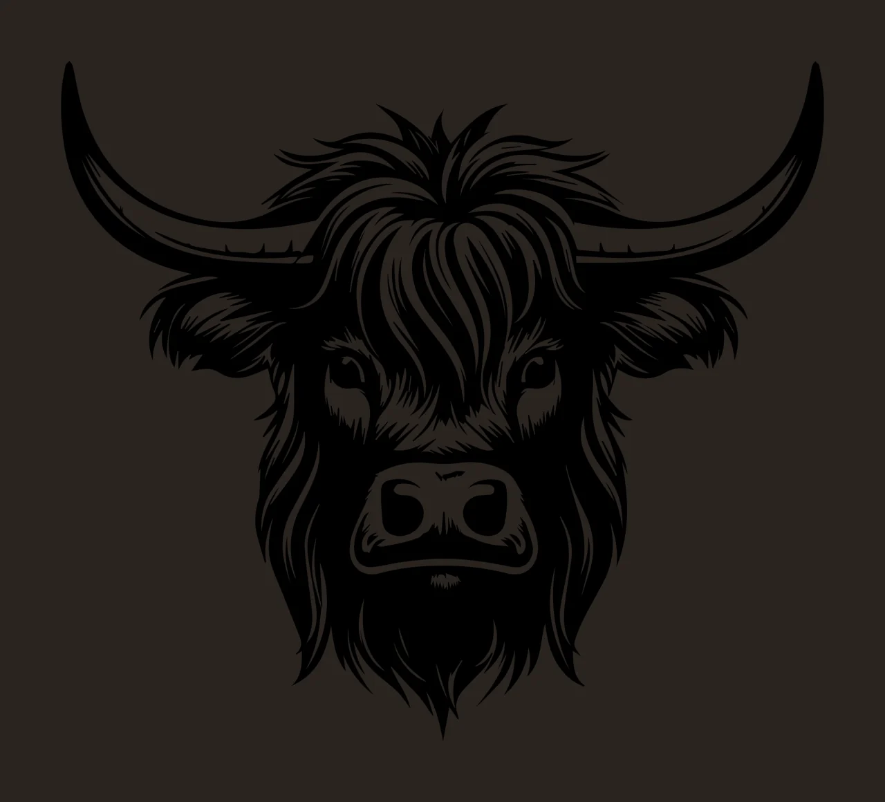 Highland Cow Head Black Silhouette Facing forward horns Detailed contrast preview thumbnail