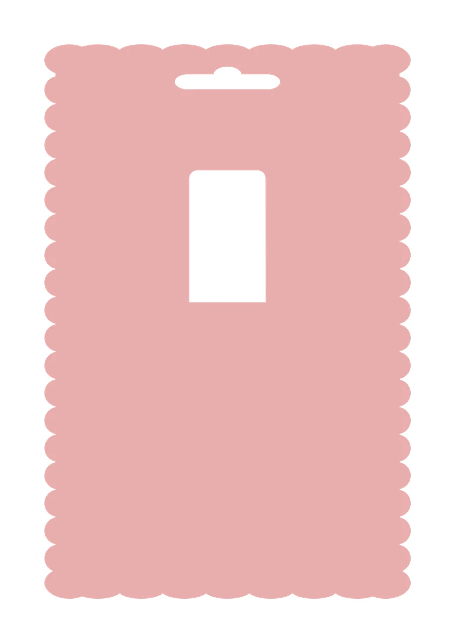Packaging display card Illustration with scalloped edge, hanging hole slot, rectangular cutout and pink shape in white