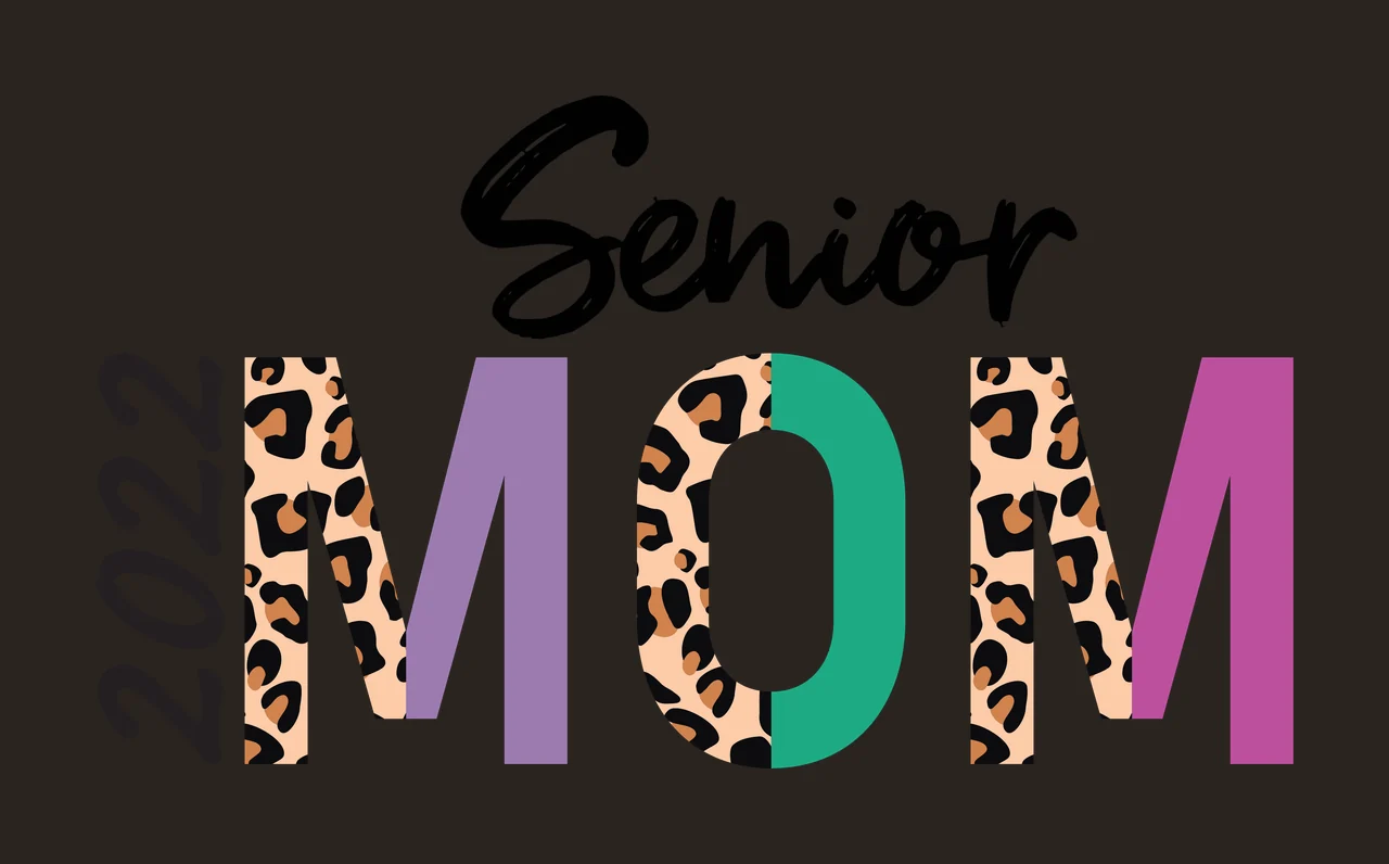 2022 Senior MOM Typography Design with black '2022' text, black 'Senior' script, leopard print 'M' left and purple 'O' left in beige and brown contrast preview thumbnail