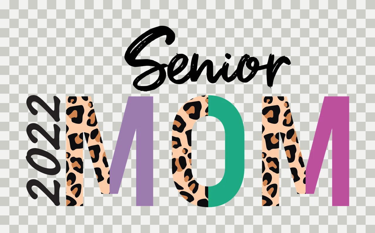 2022 Senior MOM Typography Design with black '2022' text, black 'Senior' script, leopard print 'M' left and purple 'O' left in beige and brown transparency and detail preview thumbnail