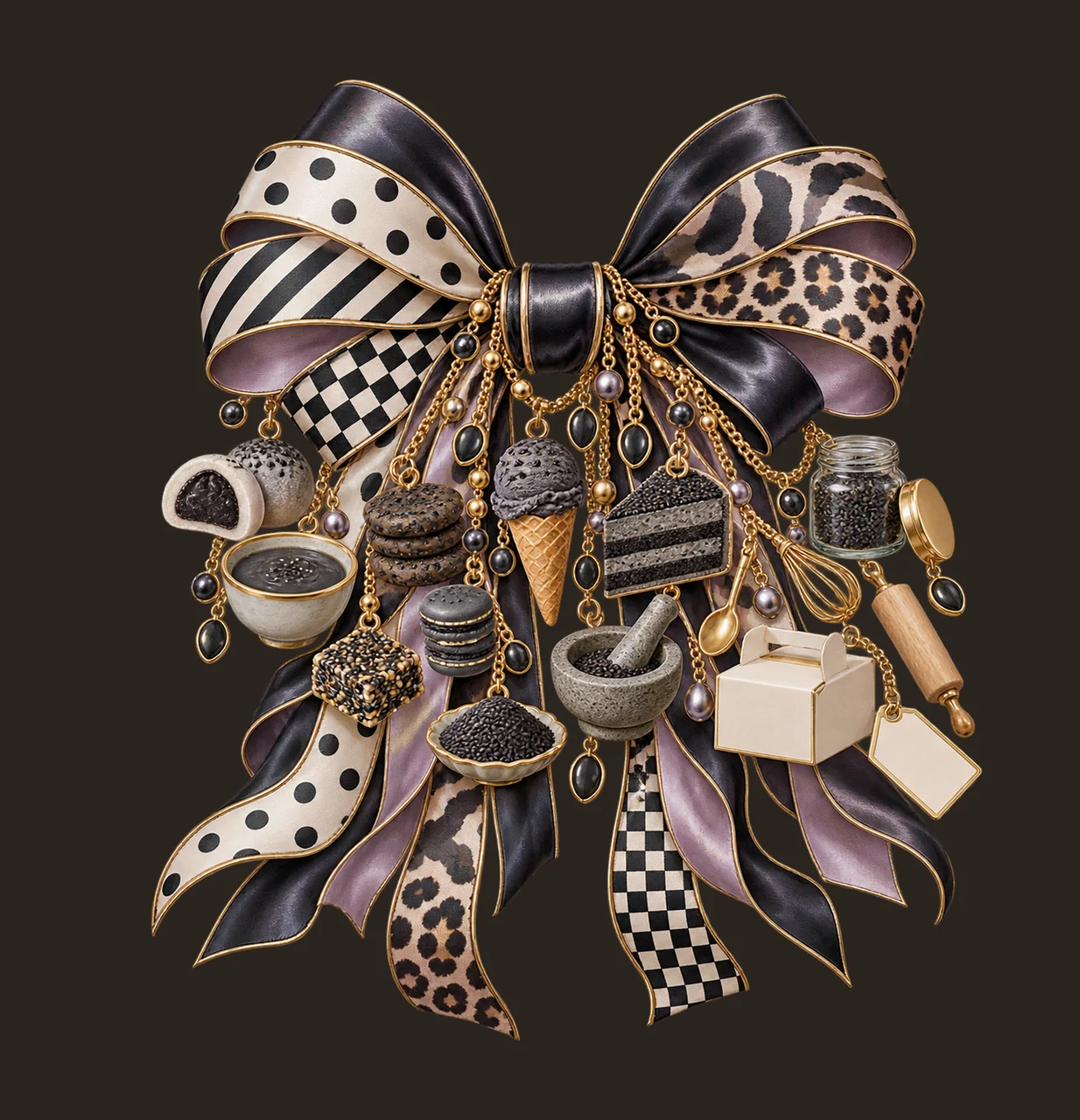 Black Sesame Dessert Lover Bow Charm PNG, Themed Gold Chain Charms, Coquette Ribbon Sublimation Design, Transparent Digital Download contrast preview thumbnail