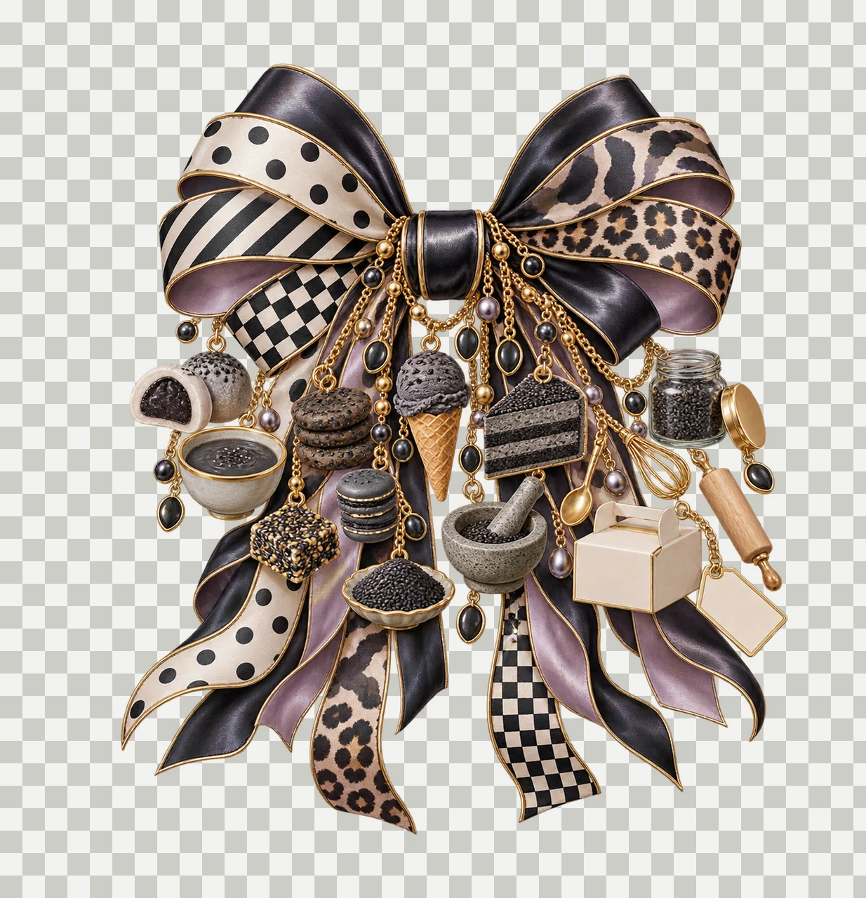 Black Sesame Dessert Lover Bow Charm PNG, Themed Gold Chain Charms, Coquette Ribbon Sublimation Design, Transparent Digital Download transparency and detail preview thumbnail