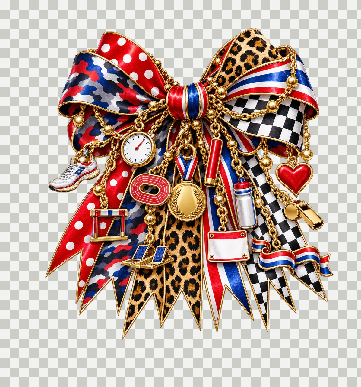 Track and Field Mom Bow Charm PNG, Themed Gold Chain Charms, Coquette Ribbon Sublimation Design, Transparent Digital Download transparency and detail preview thumbnail