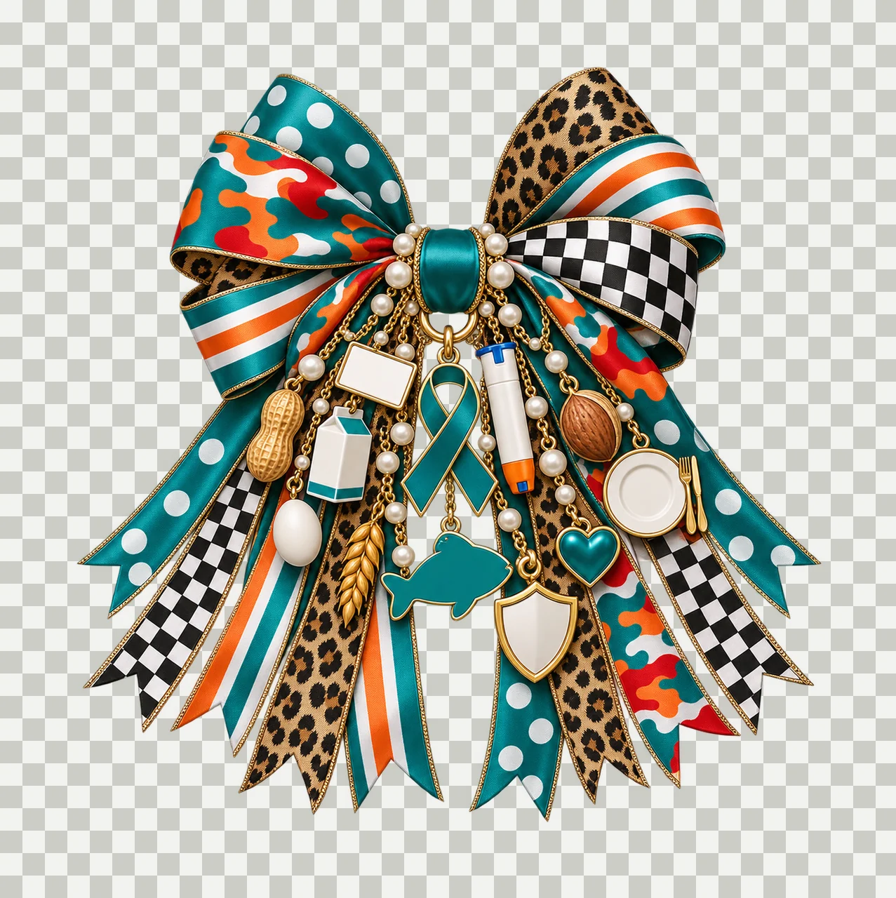 Food Allergy Awareness Bow Charm PNG, Gold Chain Charms, Transparent Sublimation Design, Digital Download transparency and detail preview thumbnail