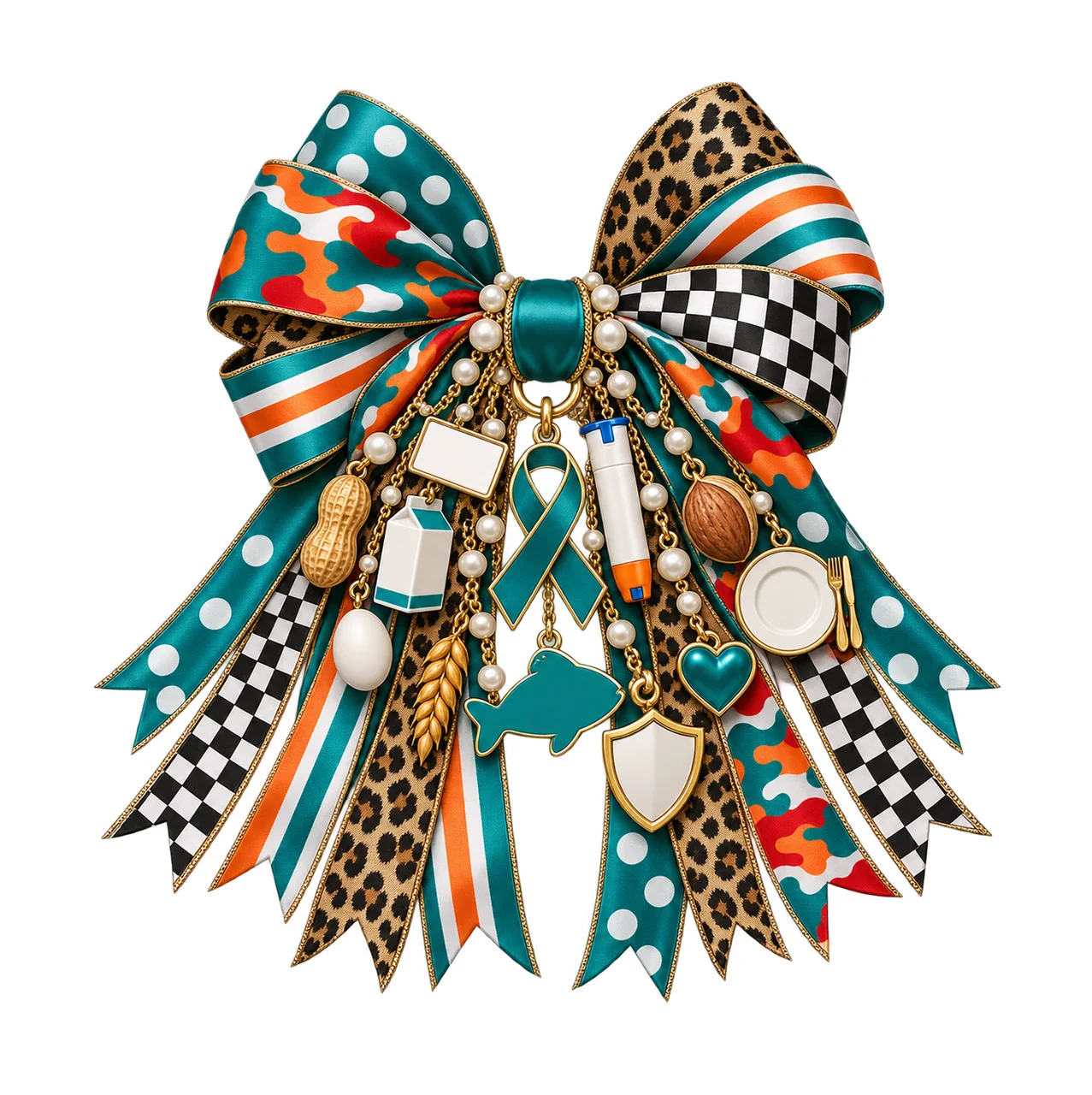 Food Allergy Awareness Bow Charm PNG, Gold Chain Charms, Transparent Sublimation Design, Digital Download