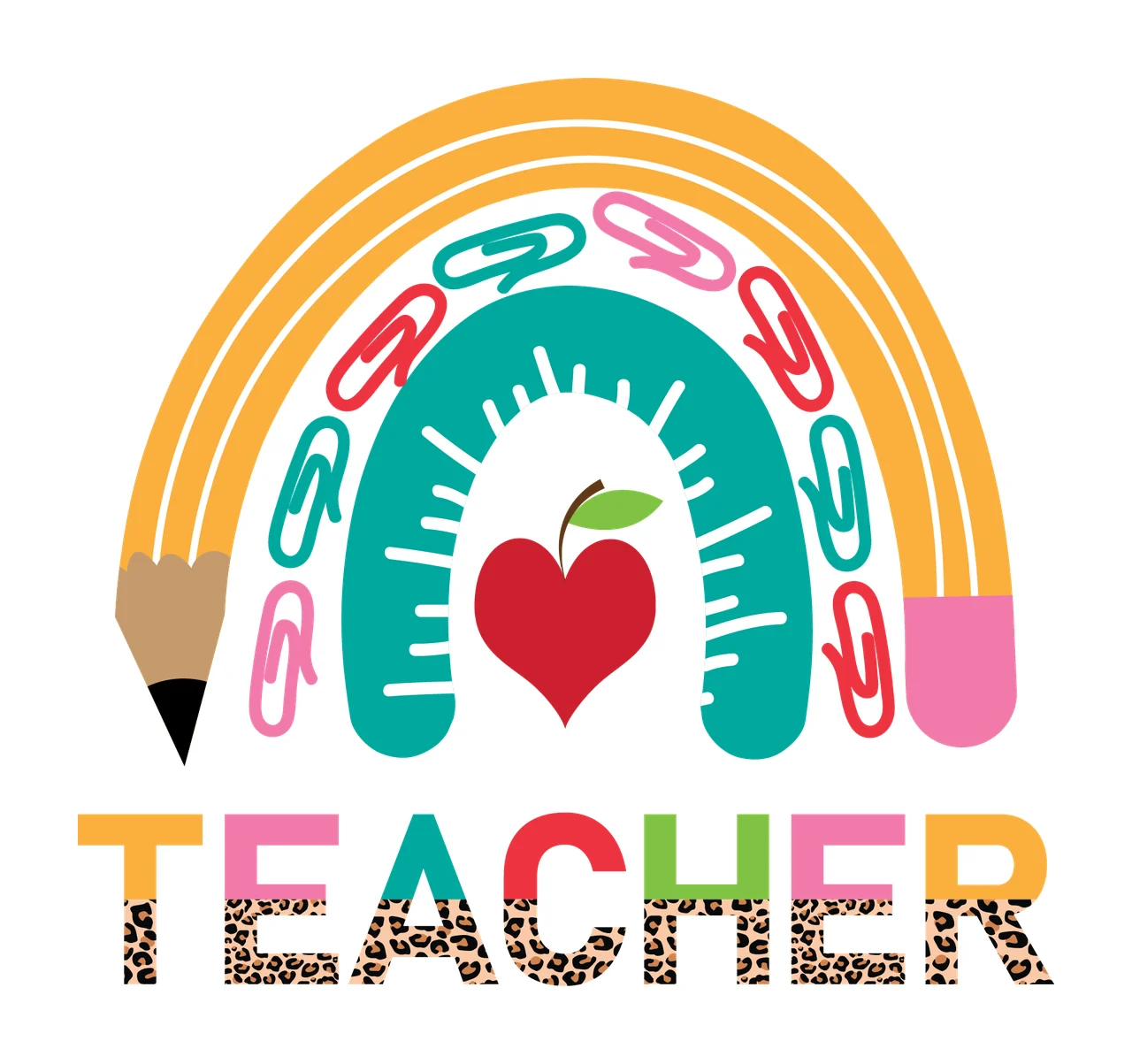 Teacher Rainbow Paper Clip Graphic heart silhouette black white